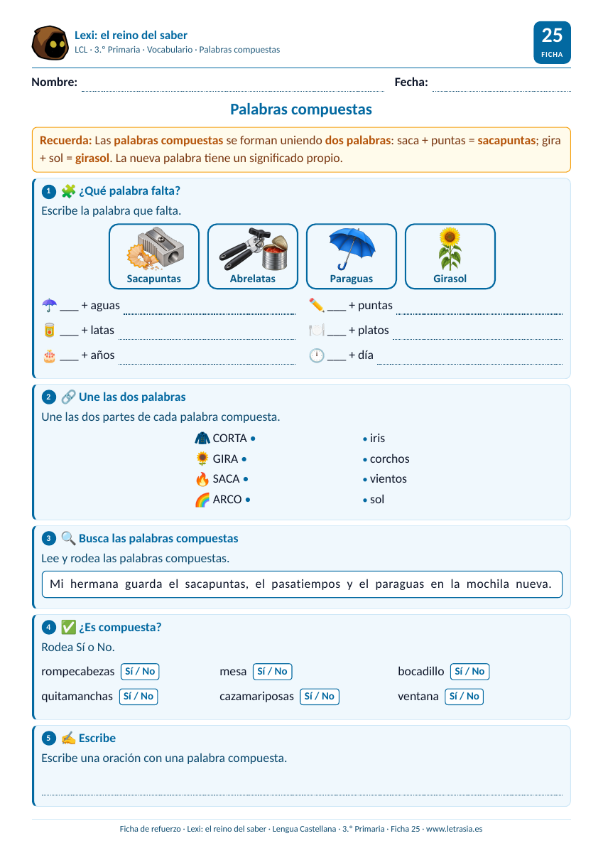 Ficha de Lengua de 3.º de Primaria sobre las palabras compuestas con tarjetas de sacapuntas, abrelatas, paraguas y girasol