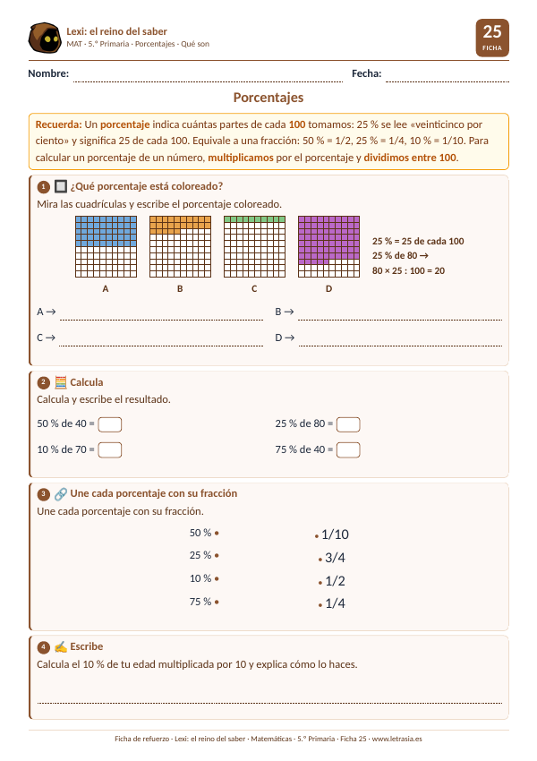 Ficha de Matemáticas de 5.º de Primaria sobre los porcentajes con cuadrículas de 100 cuadritos coloreadas