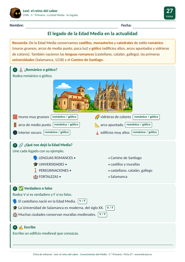 Ficha de Conocimiento del Medio de 5.º de Primaria sobre el legado de la Edad Media con el dibujo de un arco románico y una catedral gótica