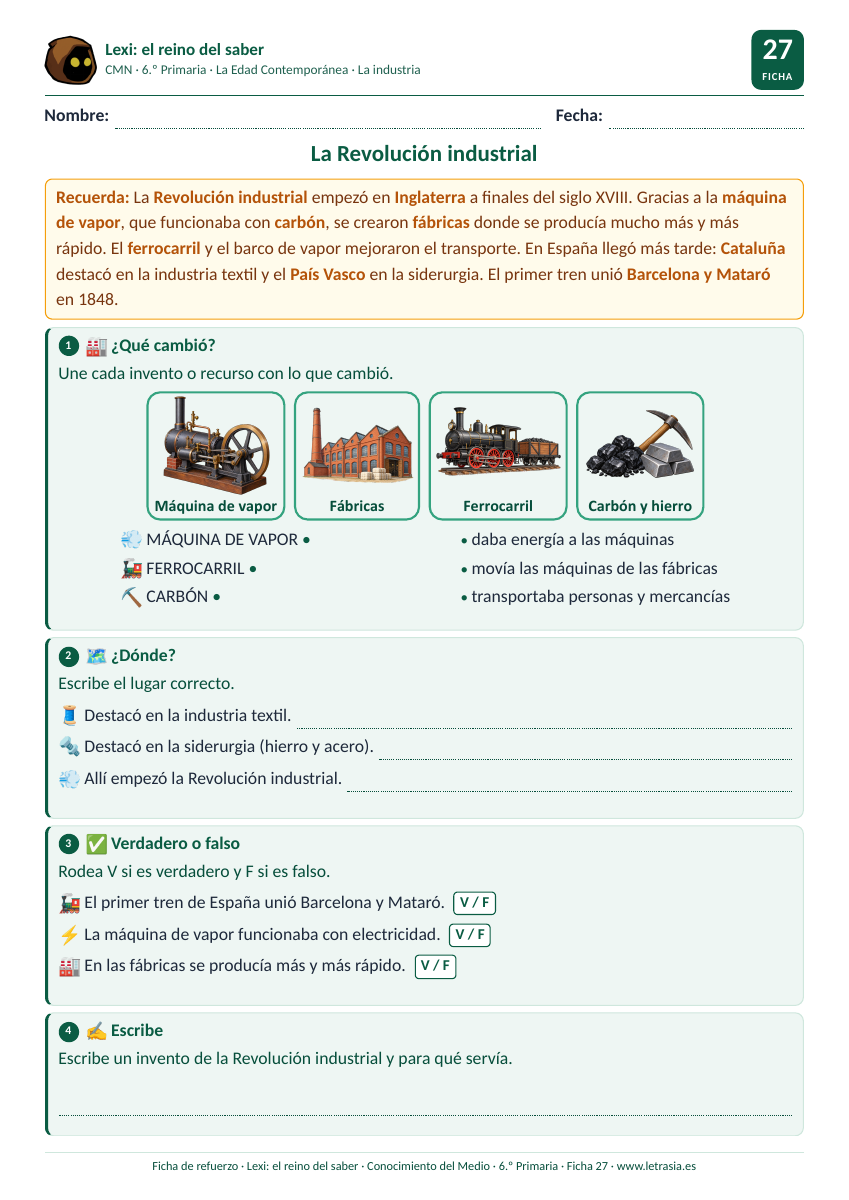 Ficha de Conocimiento del Medio de 6.º de Primaria sobre la Revolución industrial con tarjetas de la máquina de vapor, las fábricas, el ferrocarril y el carbón