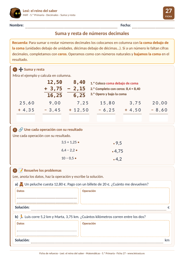 Ficha de Matemáticas de 5.º de Primaria sobre la suma y la resta de números decimales con ejemplos en columna, coma debajo de coma