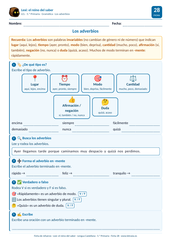 Ficha de Lengua de 5.º de Primaria sobre los adverbios con tarjetas de lugar, tiempo, modo, cantidad, afirmación, negación y duda
