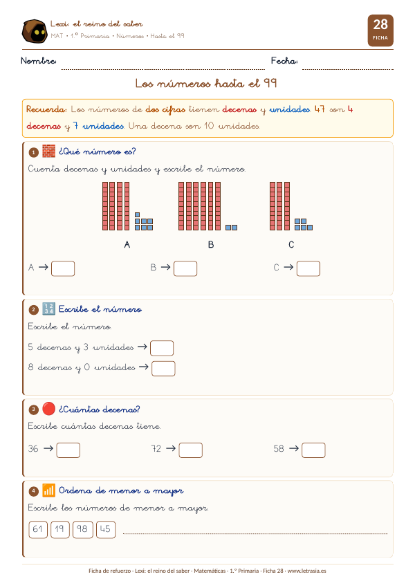 Ficha de Matemáticas de 1.º de Primaria sobre los números hasta el 99 con bloques de decenas y unidades
