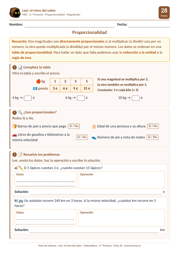 Ficha de Matemáticas de 6.º de Primaria sobre la proporcionalidad directa con una tabla de kilos de manzanas y su precio