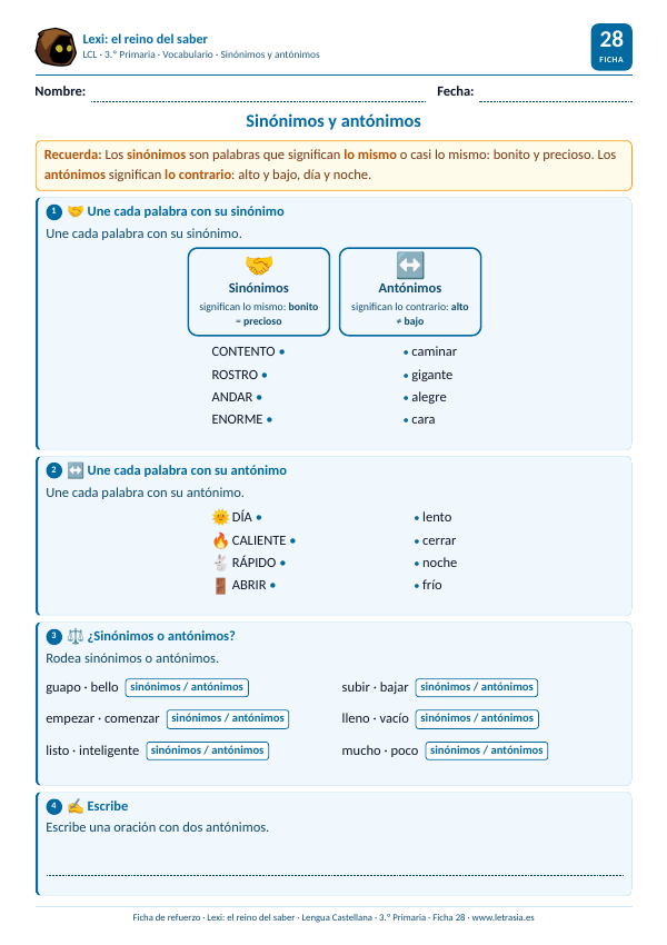 Ficha de Lengua de 3.º de Primaria sobre sinónimos y antónimos con tarjetas y parejas de palabras