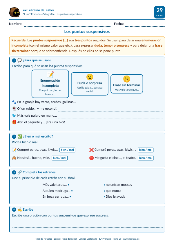 Ficha de Lengua de 6.º de Primaria sobre los puntos suspensivos con tarjetas de sus usos y refranes