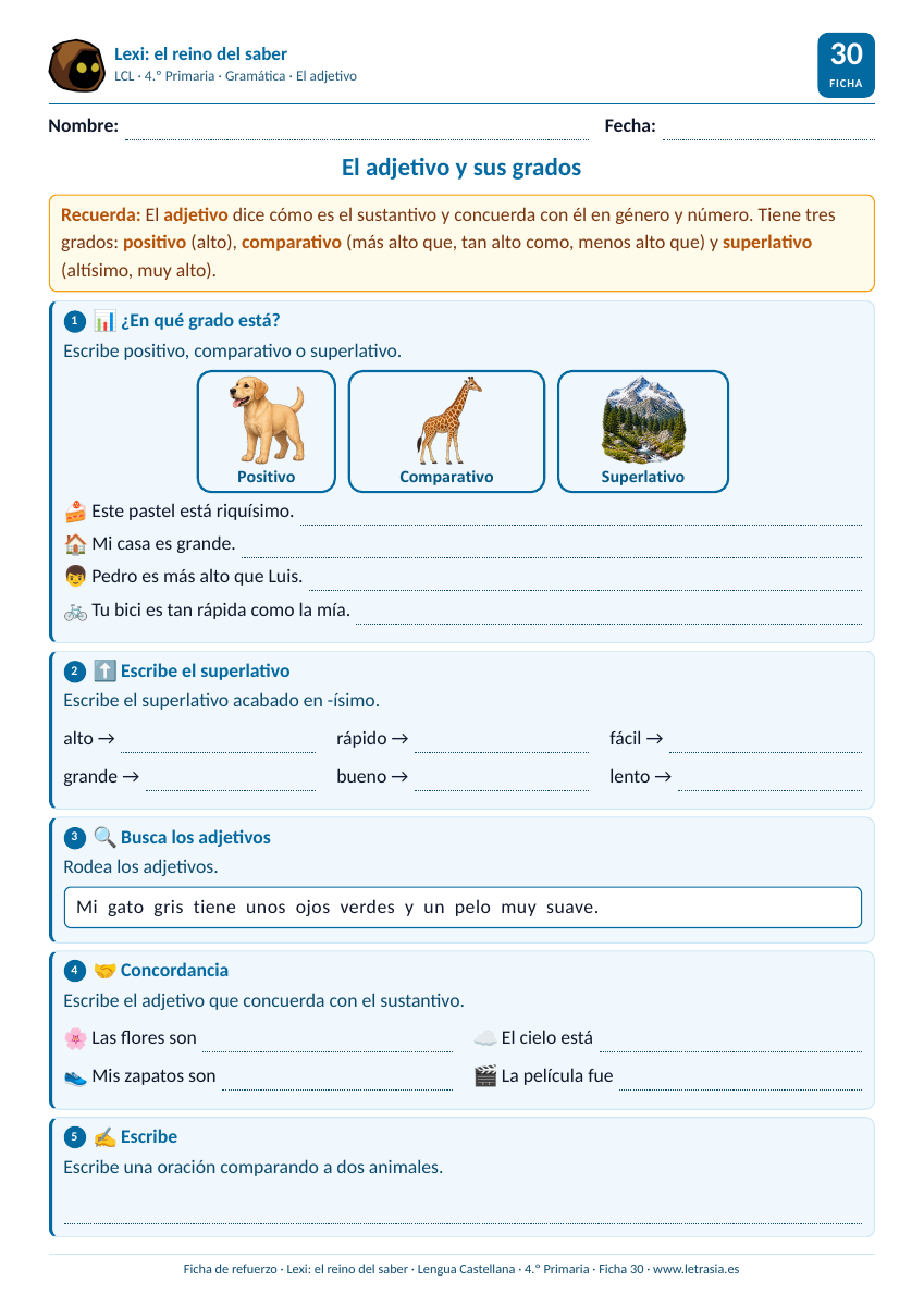 Ficha de Lengua de 4.º de Primaria sobre el adjetivo y sus grados con tarjetas de positivo, comparativo y superlativo