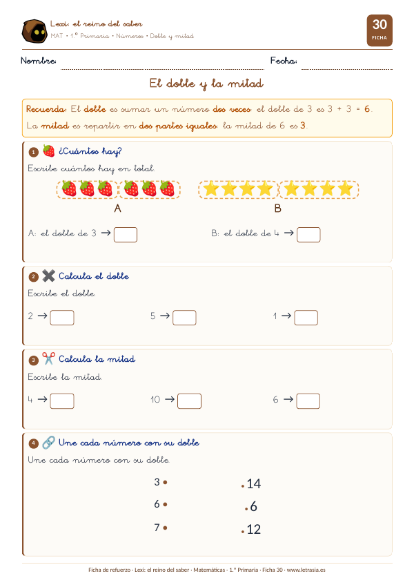 Ficha de Matemáticas de 1.º de Primaria sobre el doble y la mitad con grupos de fresas y estrellas