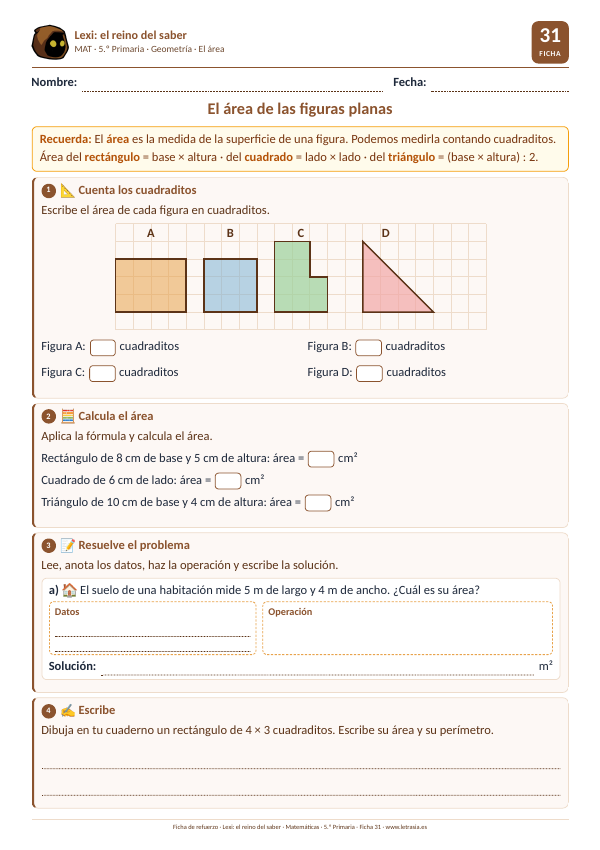 Ficha de Matemáticas de 5.º de Primaria sobre el área de figuras planas: contar cuadraditos y calcular el área de rectángulos, cuadrados y triángulos