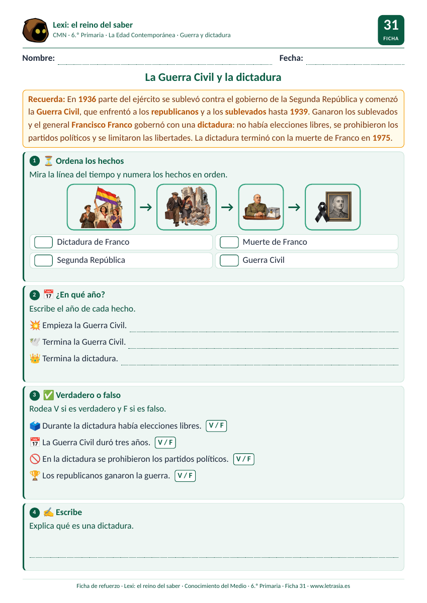 Ficha de Conocimiento del Medio de 6.º de Primaria sobre la Guerra Civil y la dictadura con una línea del tiempo de 1936 a 1975