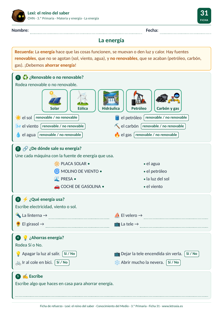 Ficha de Conocimiento del Medio de 3.º de Primaria sobre la energía con tarjetas de fuentes renovables y no renovables