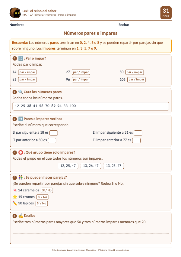 Ficha de Matemáticas de 2.º de Primaria sobre números pares e impares: clasificar números, rodear los pares y buscar el par o impar vecino