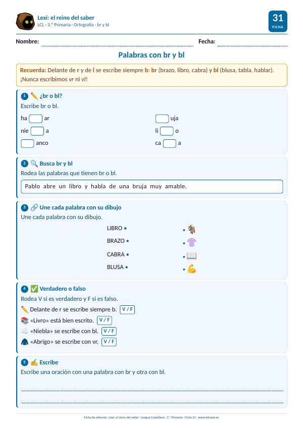 Ficha de Lengua de 3.º de Primaria sobre palabras con br y bl: completar palabras, buscarlas en una oración y unirlas con su dibujo