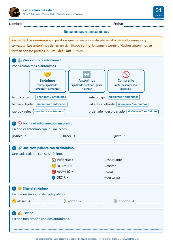 Ficha de Lengua de 4.º de Primaria sobre sinónimos y antónimos con tarjetas y antónimos con prefijo