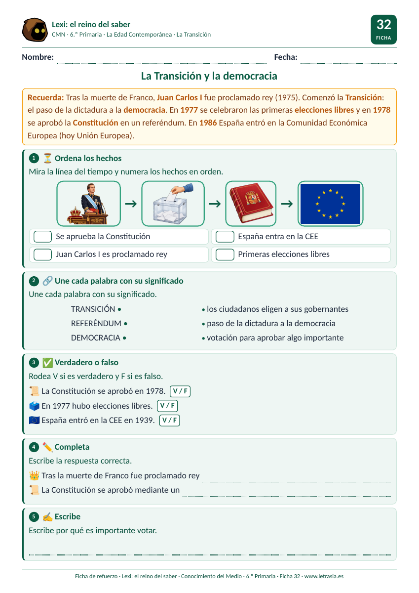 Ficha de Conocimiento del Medio de 6.º de Primaria sobre la Transición y la democracia con una línea del tiempo de 1975 a 1986