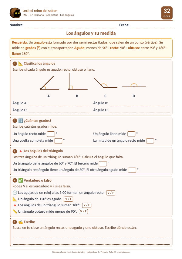 Ficha de Matemáticas de 5.º de Primaria sobre los ángulos: agudo, recto, obtuso y llano, grados y ángulos de un triángulo