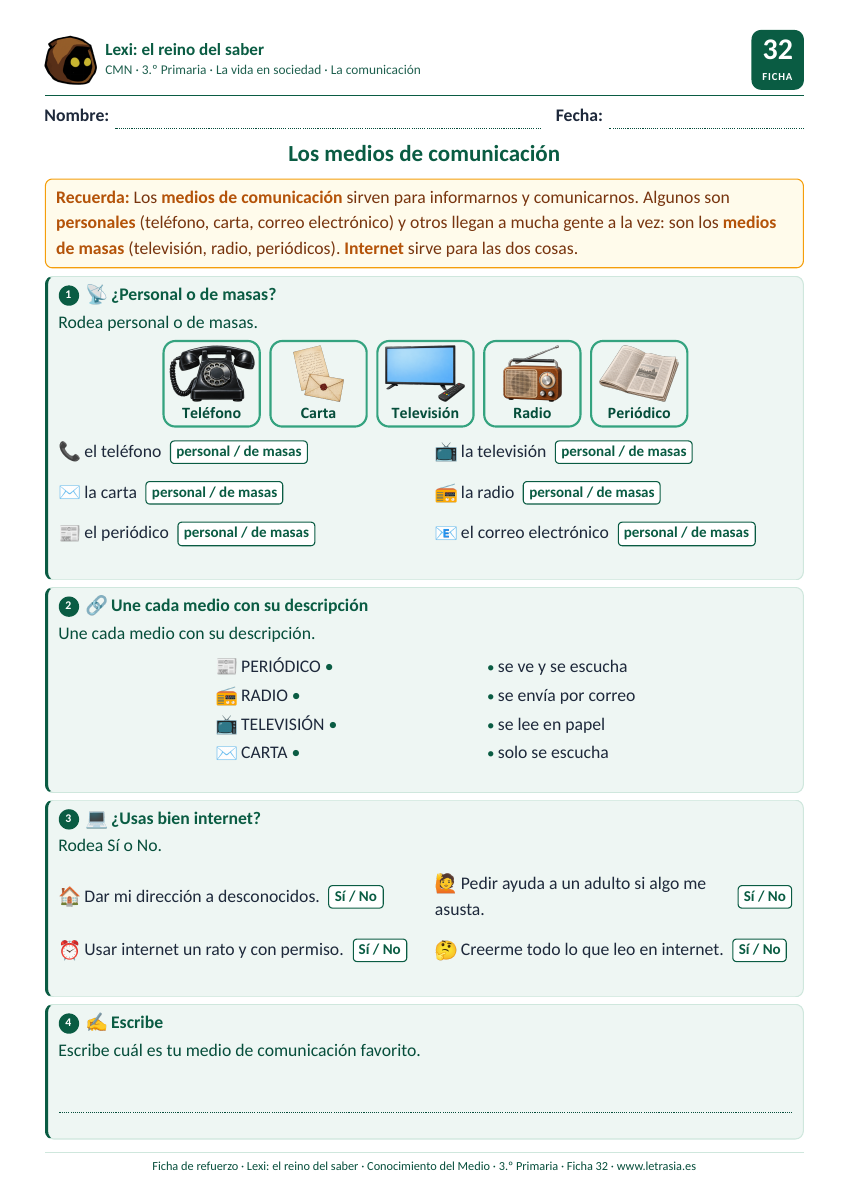 Ficha de Conocimiento del Medio de 3.º de Primaria sobre los medios de comunicación personales y de masas con tarjetas y el buen uso de internet