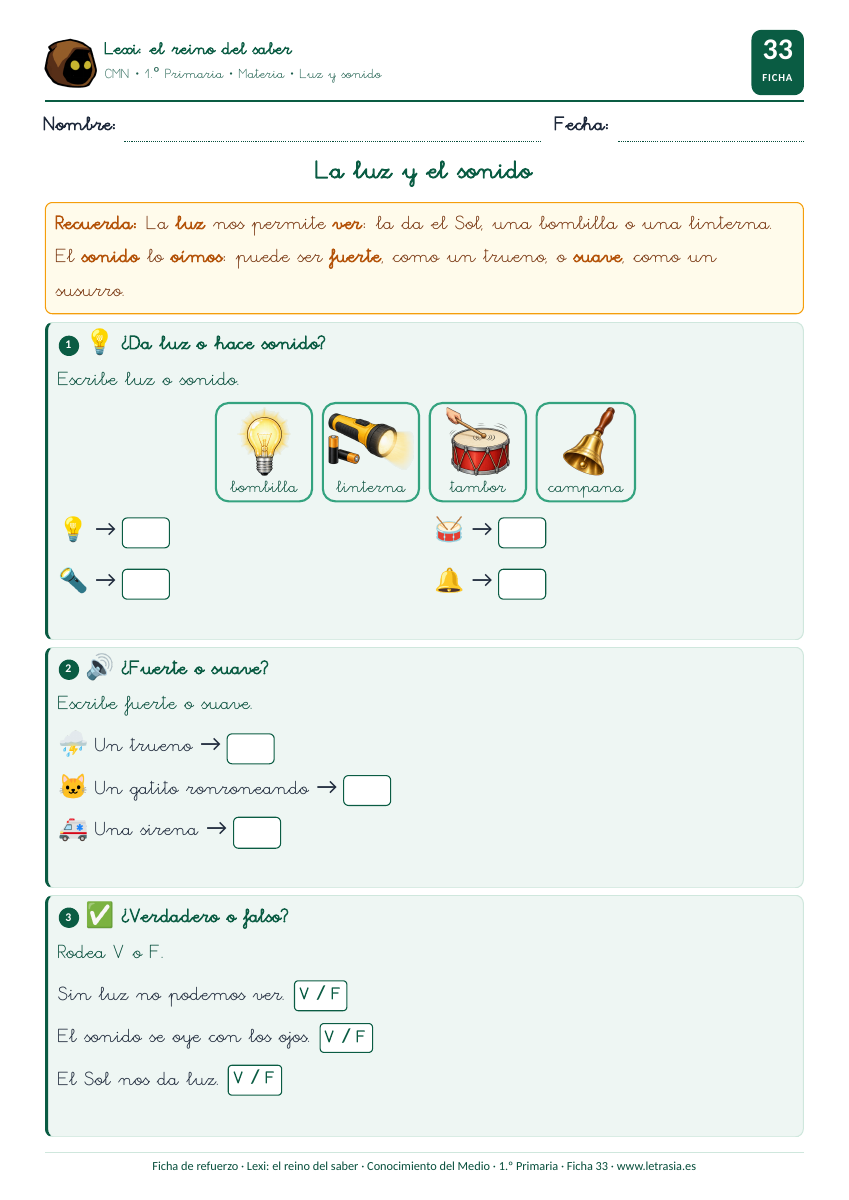 Ficha de Conocimiento del Medio de 1.º de Primaria sobre la luz y el sonido con bombilla, linterna, tambor y campana