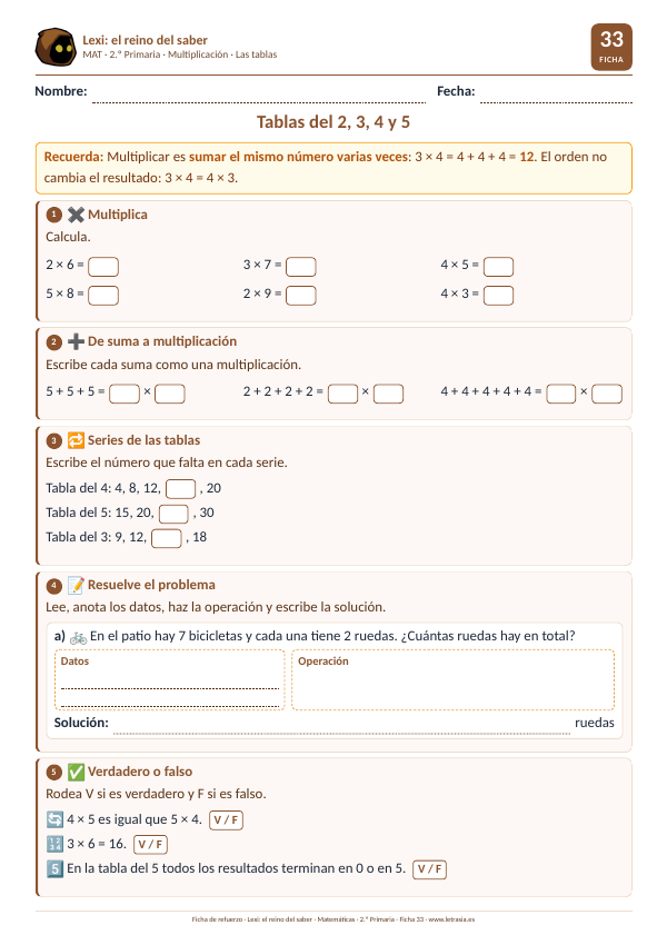 Ficha de Matemáticas de 2.º de Primaria sobre las tablas de multiplicar del 2, 3, 4 y 5: multiplicaciones, sumas repetidas, series y un problema