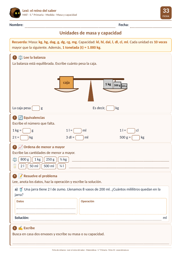 Ficha de Matemáticas de 5.º de Primaria sobre unidades de masa y capacidad: leer una balanza, equivalencias, ordenar cantidades y problemas