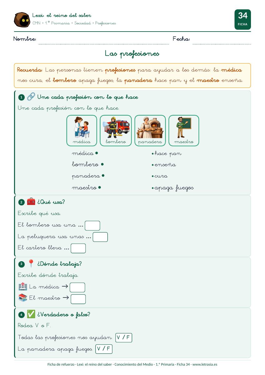 Ficha de Conocimiento del Medio de 1.º de Primaria sobre las profesiones: médica, bombero, panadera y maestro