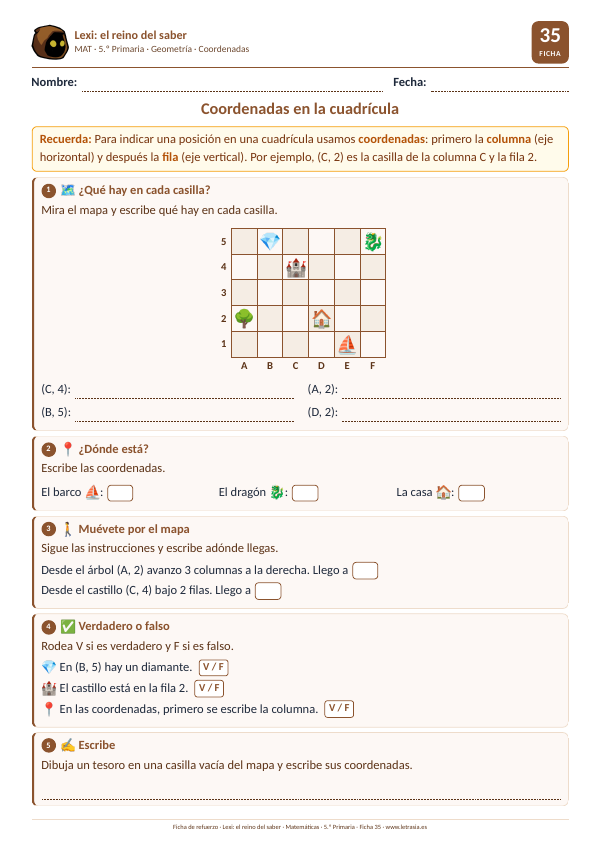 Ficha de Matemáticas de 5.º de Primaria sobre coordenadas en una cuadrícula: un mapa con castillo, barco y dragón para localizar posiciones