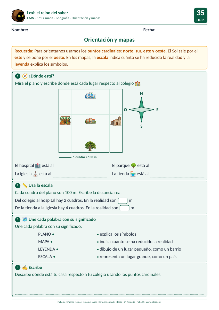 Ficha de Conocimiento del Medio de 5.º de Primaria sobre orientación y mapas: plano de un barrio con rosa de los vientos, puntos cardinales y escala
