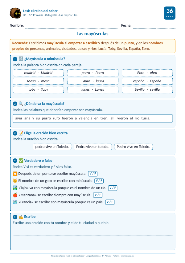 Ficha de Lengua de 3.º de Primaria sobre el uso de las mayúsculas: nombres propios, inicio de oración y después de punto