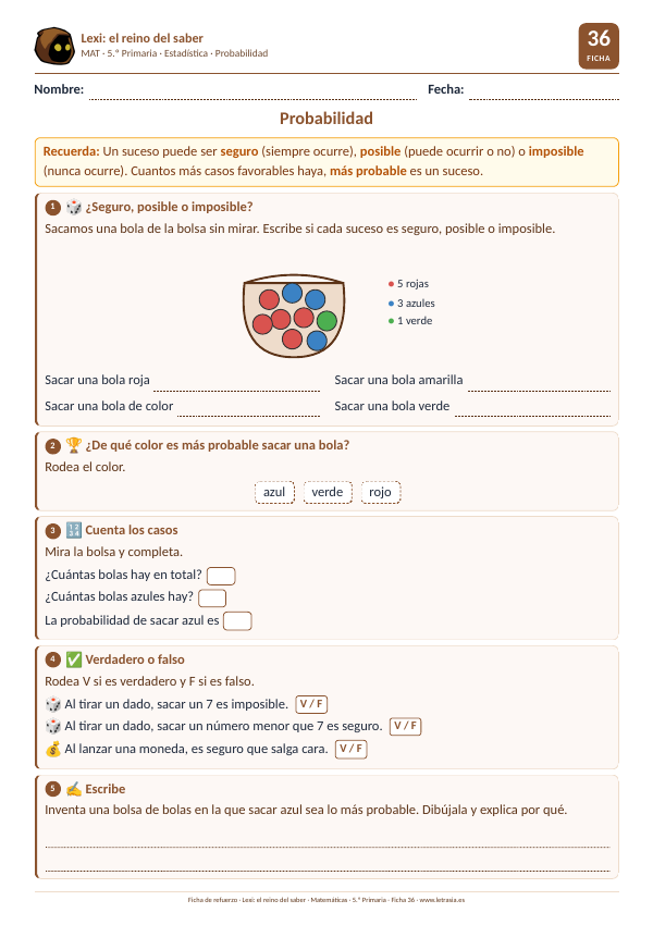 Ficha de Matemáticas de 5.º de Primaria sobre probabilidad: sucesos seguros, posibles e imposibles con una bolsa de bolas de colores