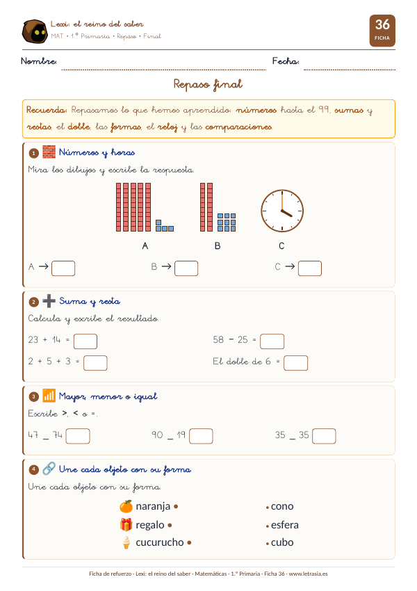 Ficha de Matemáticas de 1.º de Primaria de repaso final con números, sumas, restas, comparaciones, formas y reloj