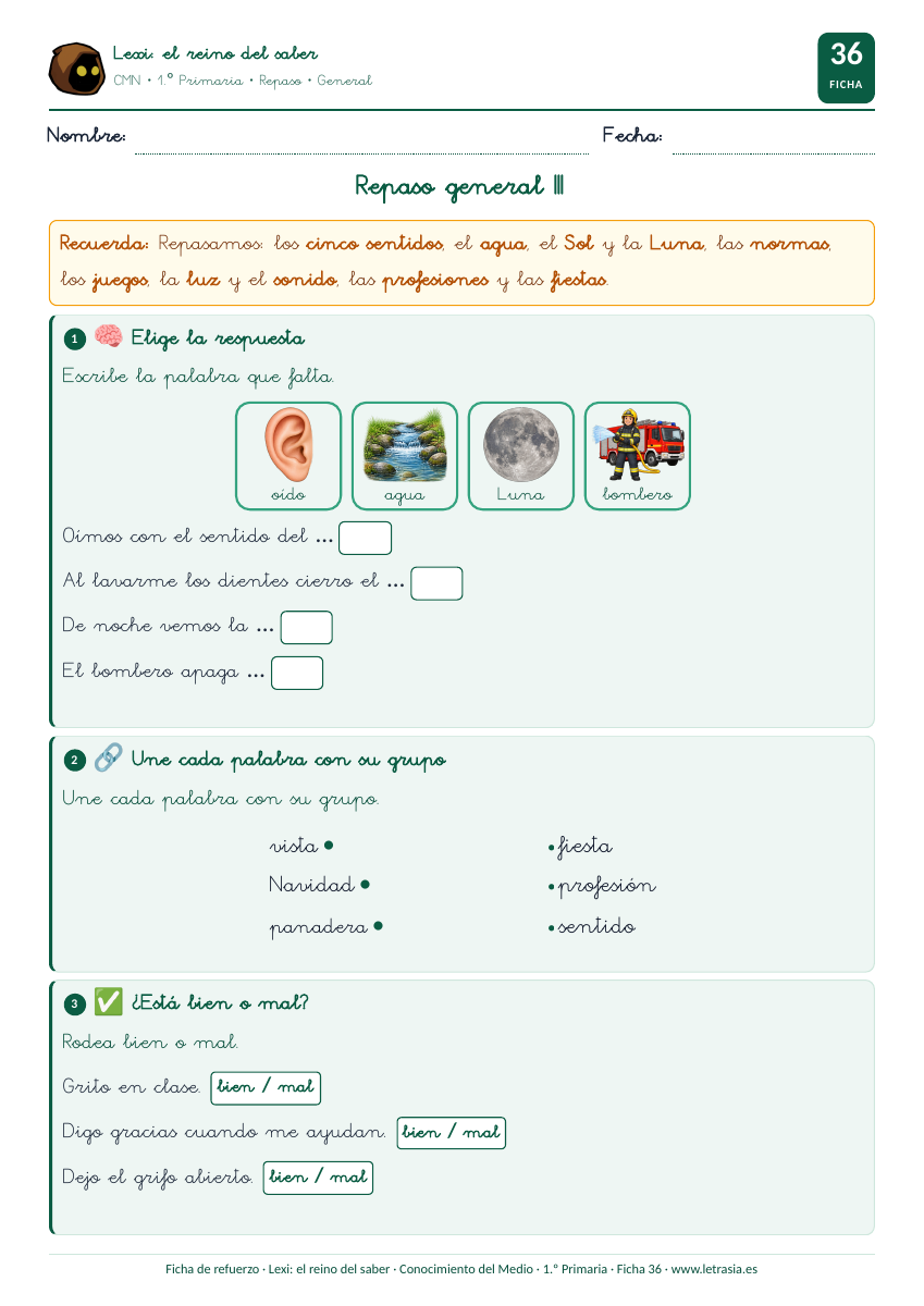 Ficha de Conocimiento del Medio de 1.º de Primaria de repaso general con sentidos, agua, Luna, profesiones y fiestas