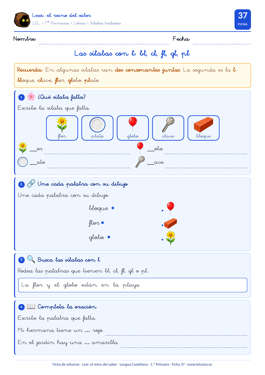 Ficha de Lengua de 1.º de Primaria sobre las sílabas trabadas con l (bl, cl, fl, gl, pl) con dibujos