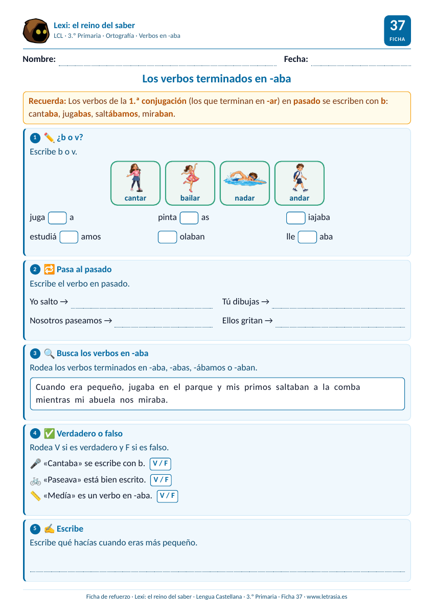Ficha de Lengua de 3.º de Primaria sobre los verbos terminados en -aba escritos con b