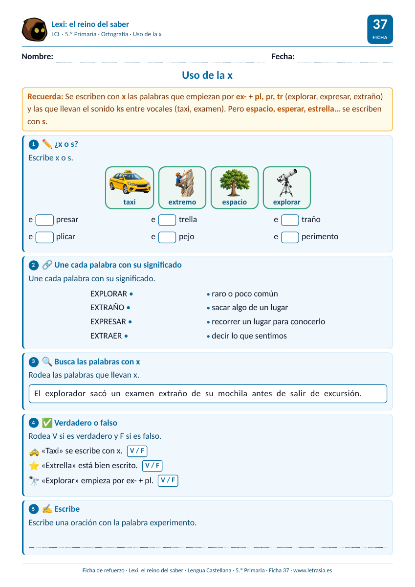 Ficha de Lengua de 5.º de Primaria sobre el uso de la x: ex- delante de pl, pr, tr y x entre vocales