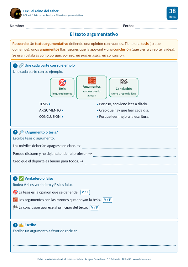 Ficha de Lengua de 6.º de Primaria sobre el texto argumentativo: tesis, argumentos y conclusión