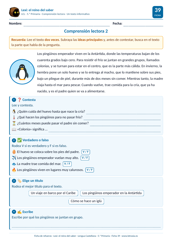 Ficha de Lengua de 5.º de Primaria de comprensión lectora con un texto informativo sobre los pingüinos emperador
