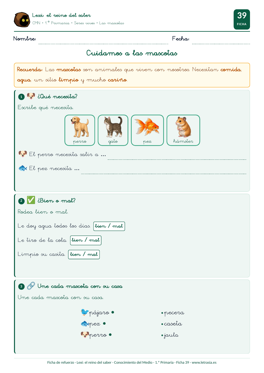 Ficha de Conocimiento del Medio de 1.º de Primaria sobre el cuidado de las mascotas
