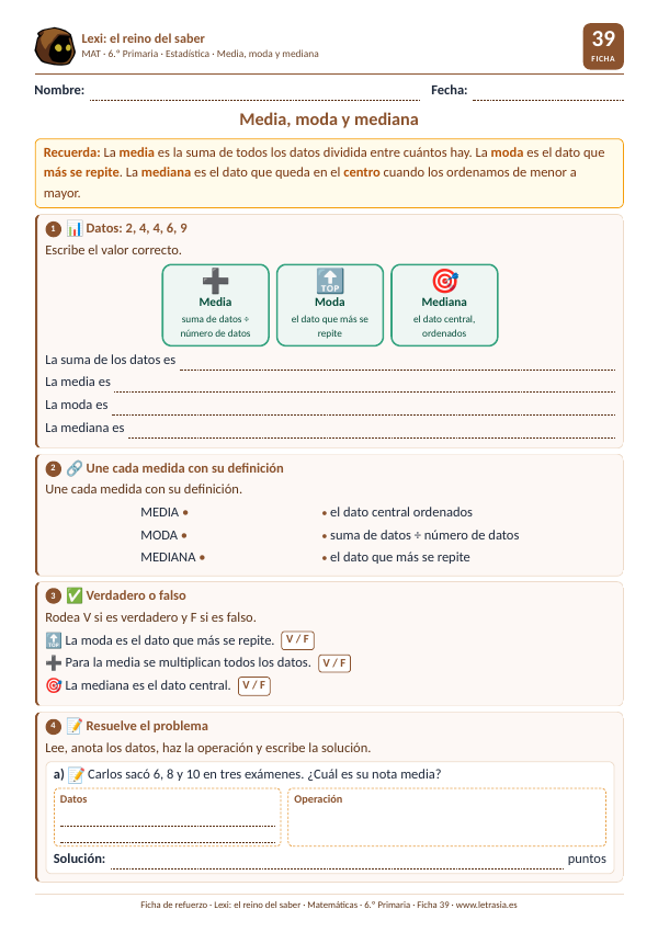 Ficha de Matemáticas de 6.º de Primaria sobre estadística: media, moda y mediana
