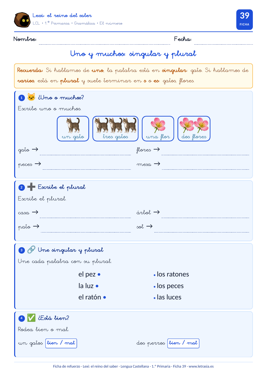Ficha de Lengua de 1.º de Primaria sobre el singular y el plural con dibujos de gatos y flores