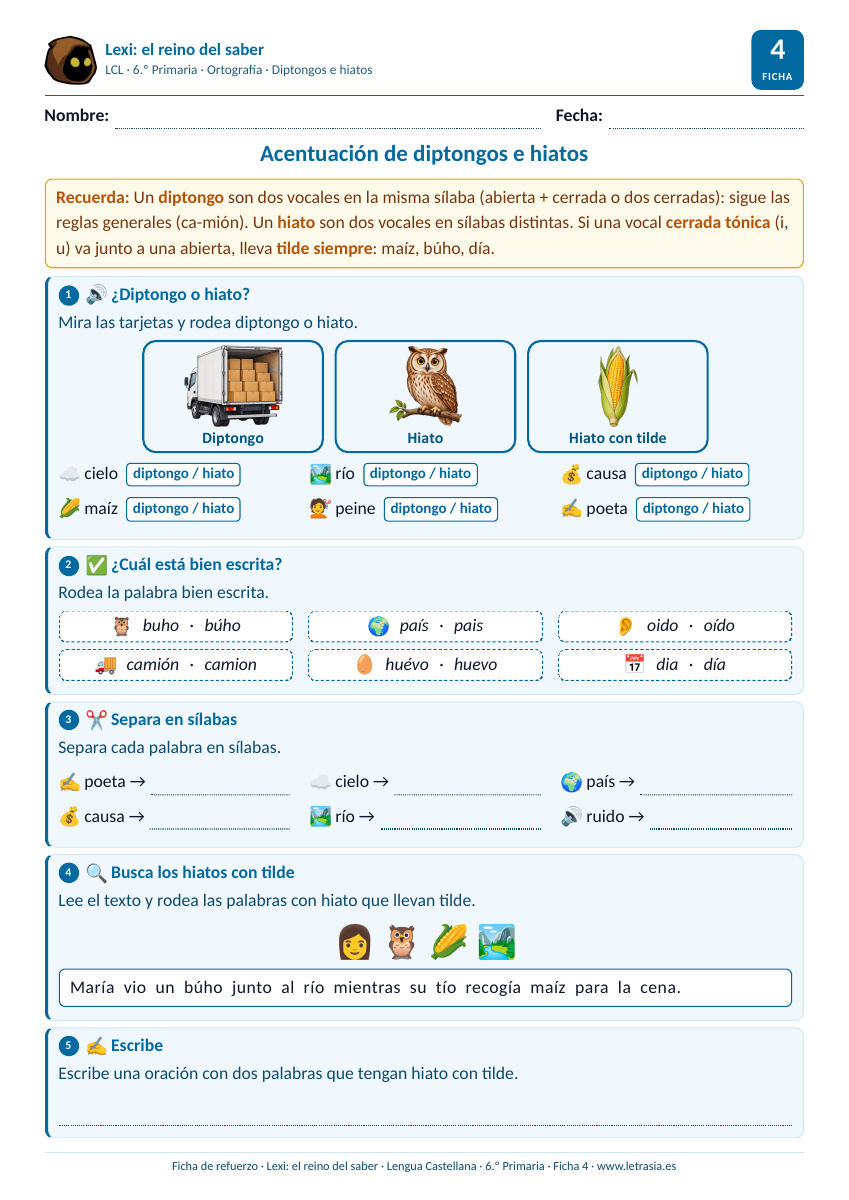 Ficha de Lengua de 6.º de Primaria sobre la acentuación de diptongos e hiatos con tarjetas y dibujos