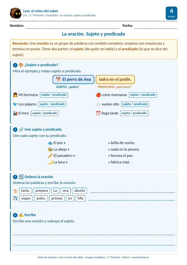 Ficha de Lengua de 3.º de Primaria sobre la oración: sujeto y predicado en colores, unir y ordenar oraciones con dibujos