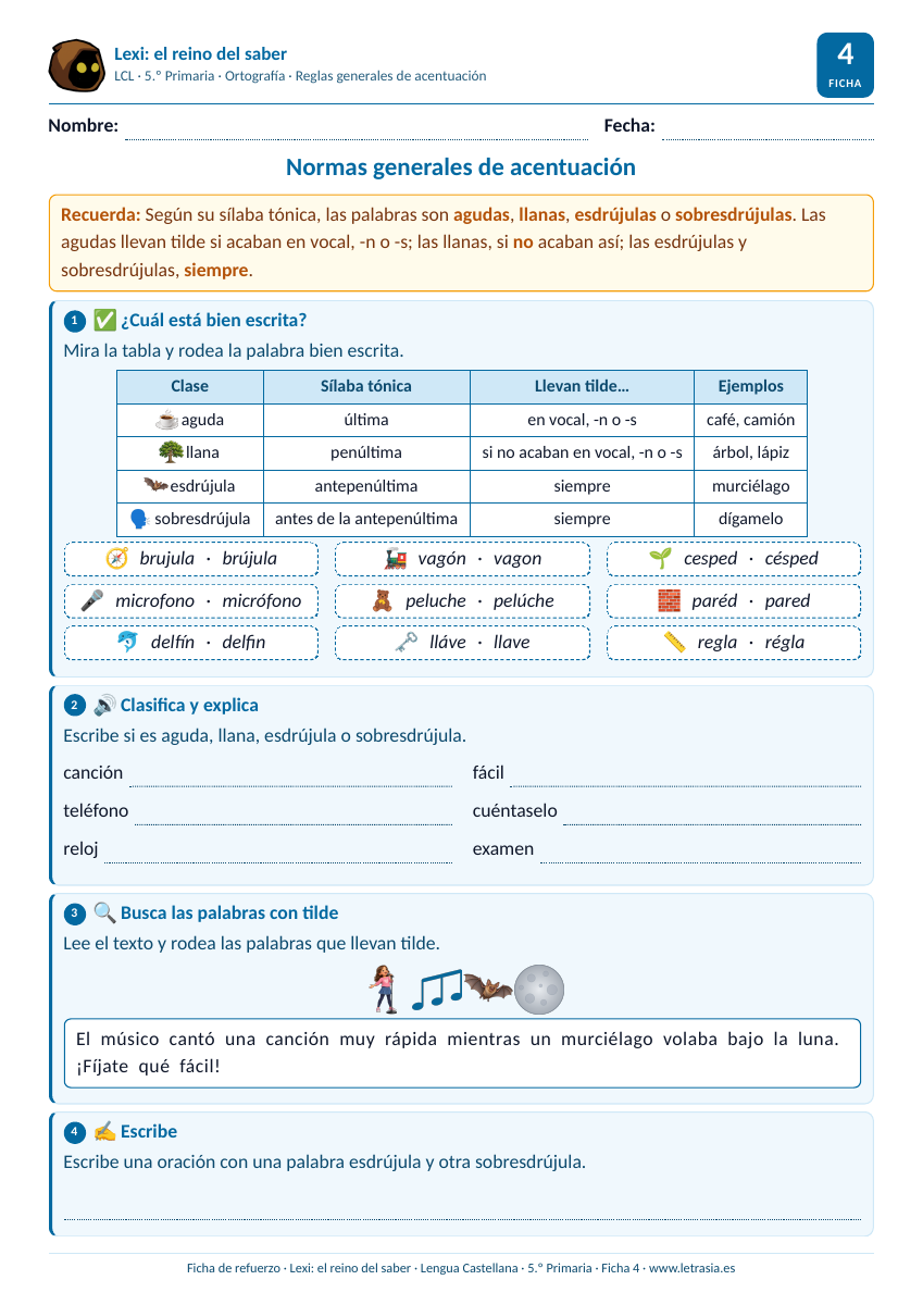 Ficha de Lengua de 5.º de Primaria sobre las reglas generales de acentuación con una tabla de agudas, llanas, esdrújulas y sobresdrújulas