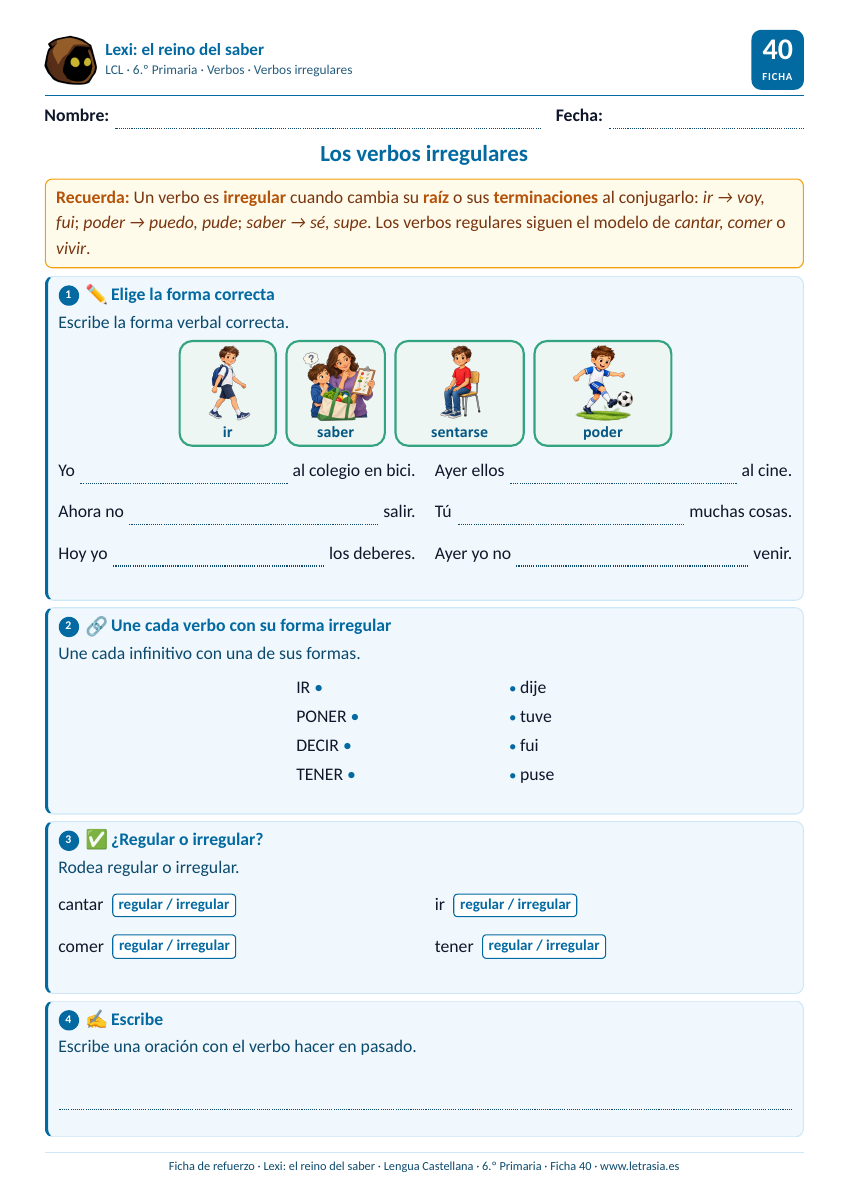 Ficha de Lengua de 6.º de Primaria sobre los verbos irregulares: ir, poder, saber, hacer y tener