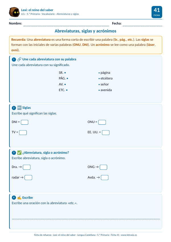 Ficha de Lengua de 5.º de Primaria sobre abreviaturas, siglas y acrónimos