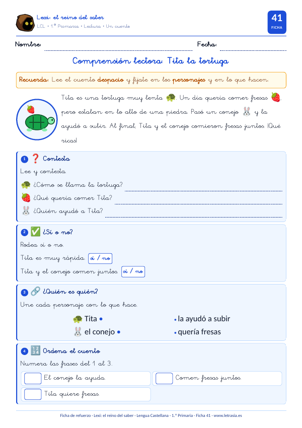 Ficha de Lengua de 1.º de Primaria de comprensión lectora con el cuento de Tita la tortuga y el conejo