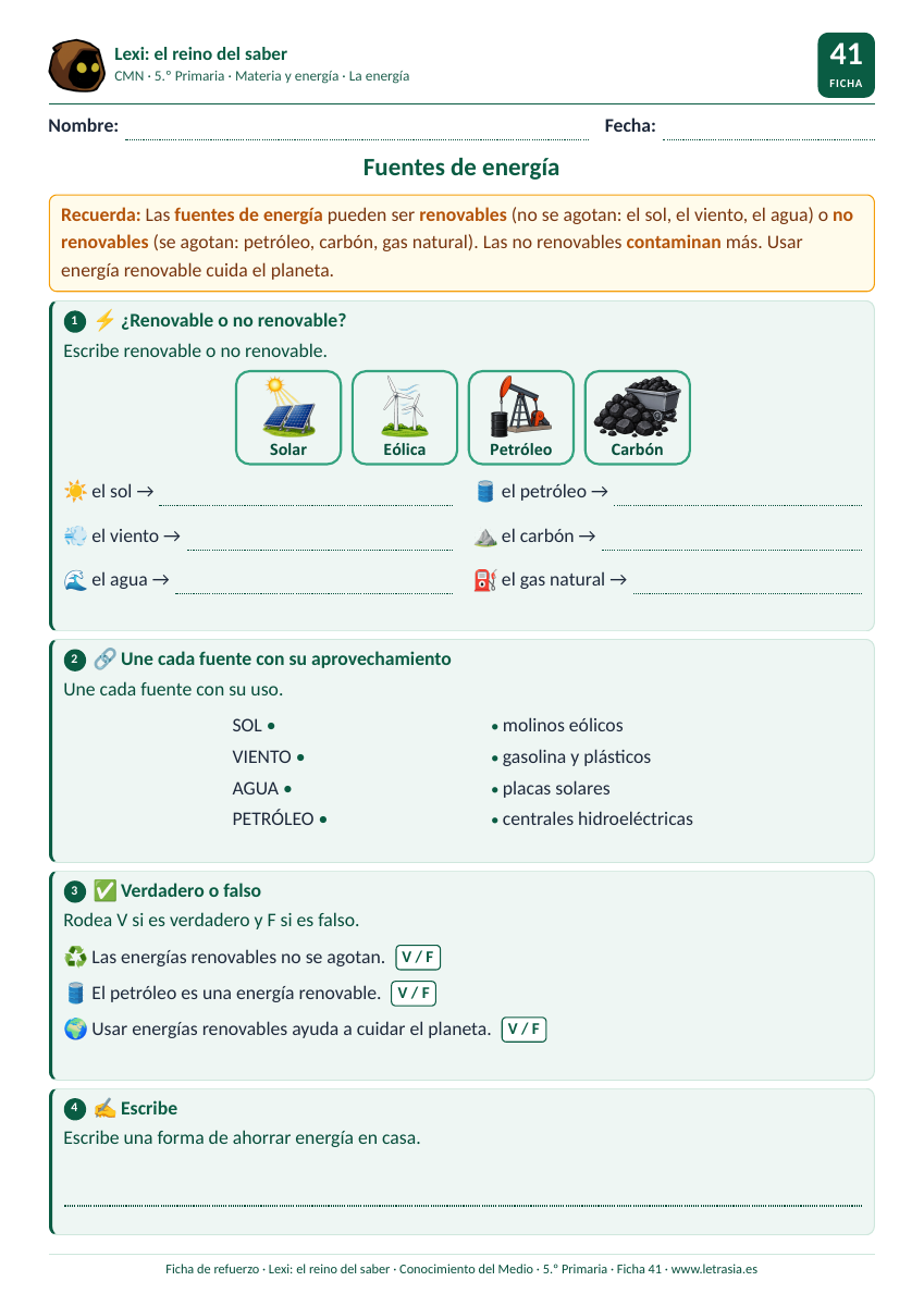 Ficha de Conocimiento del Medio de 5.º de Primaria sobre las fuentes de energía renovables y no renovables