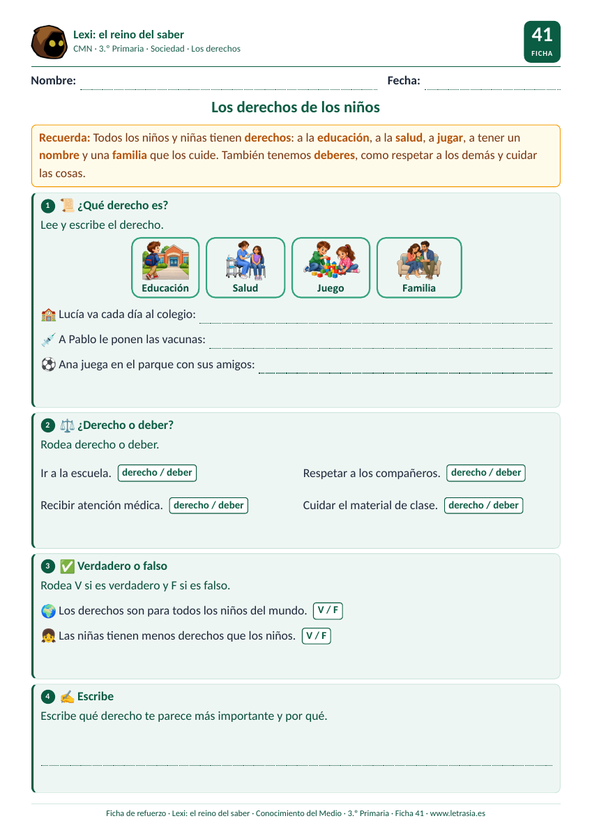 Ficha de Conocimiento del Medio de 3.º de Primaria sobre los derechos y deberes de los niños