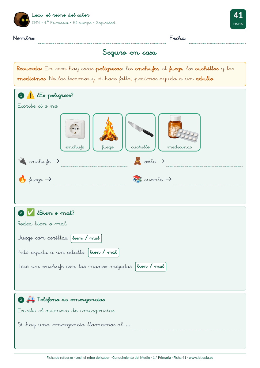 Ficha de Conocimiento del Medio de 1.º de Primaria sobre la seguridad en casa y los objetos peligrosos