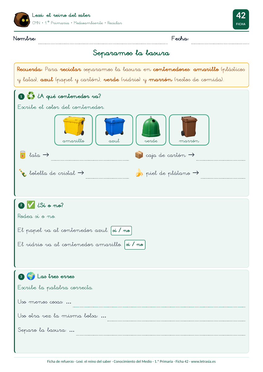 Ficha de Conocimiento del Medio de 1.º de Primaria sobre el reciclaje y los contenedores de colores
