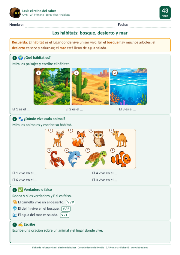 Ficha de Conocimiento del Medio de 2.º de Primaria sobre los hábitats: bosque, desierto y mar, con ilustraciones de paisajes y de animales como el ciervo, el zorro, el búho, el camello, el escorpión, el delfín, la tortuga marina y el pez payaso